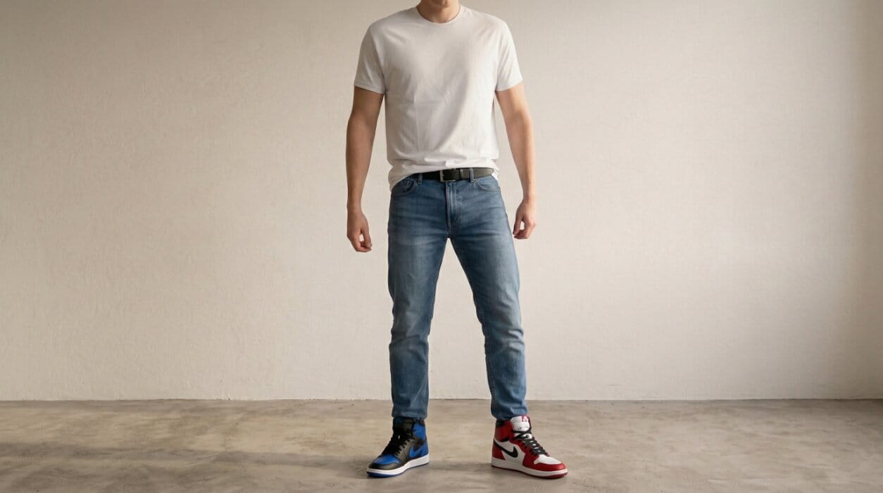 Man wearing sneakers Nike Jordan jeans and baggy t-shirt